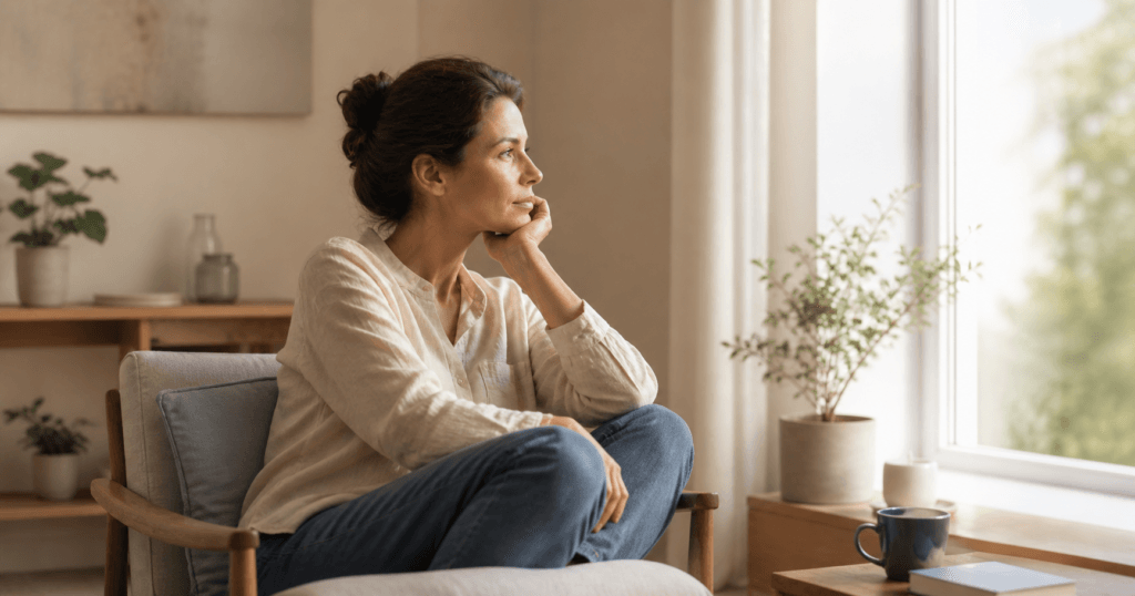 Persona sola en un interior tranquilo junto a una ventana