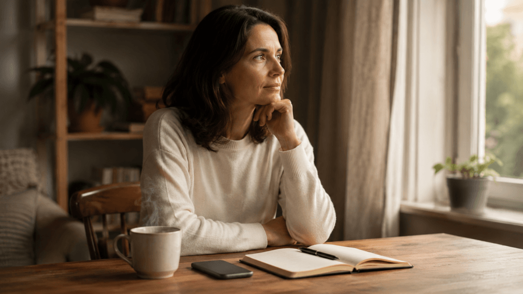 Mujer sentada en casa junto a una ventana, con una taza, un móvil y un cuaderno sobre la mesa