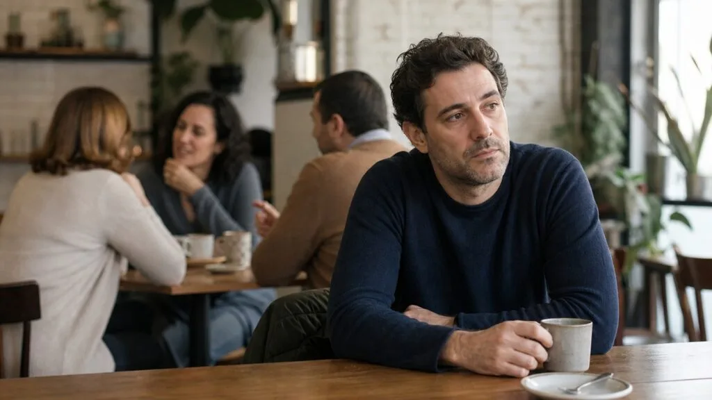 Hombre sentado en una cafetería, pensativo y apartado mientras otras personas conversan al fondo